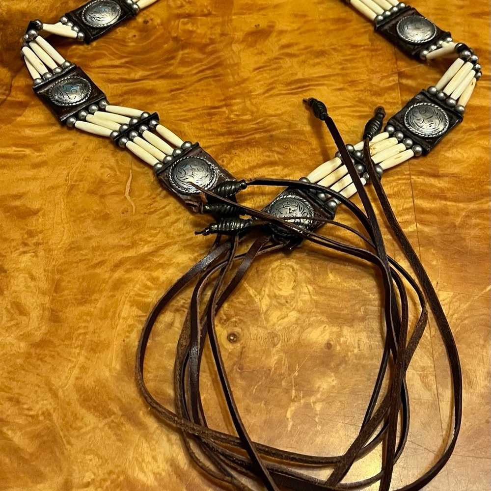 Vintage Leather Tie Belt with Beads and Silver - image 5