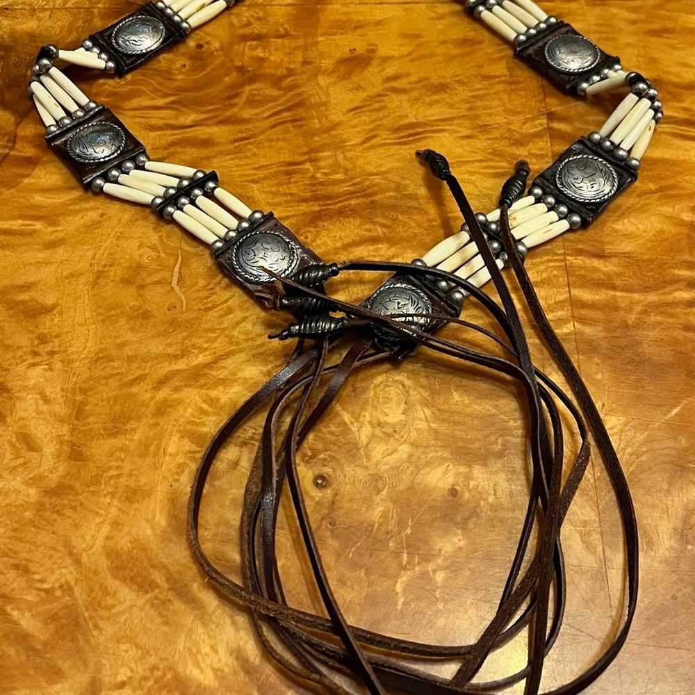 Vintage Leather Tie Belt with Beads and Silver - image 6