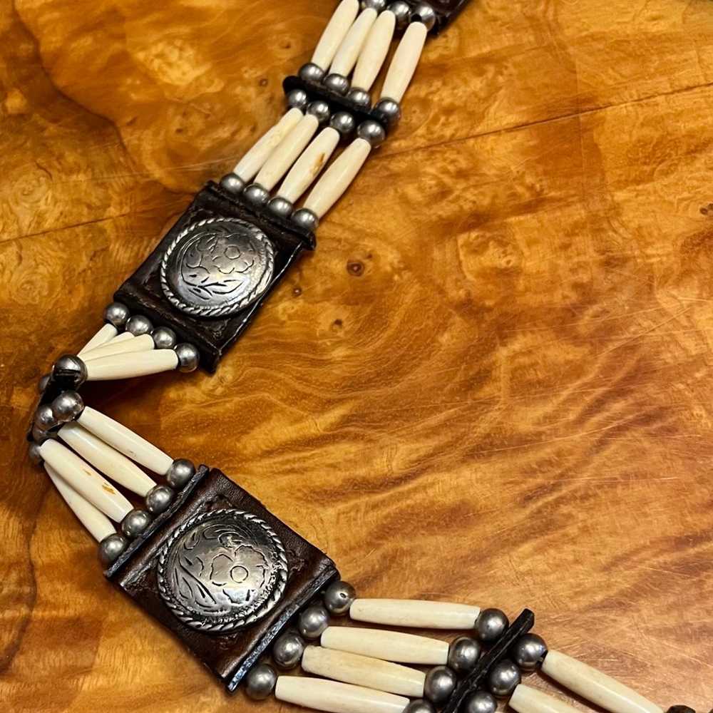 Vintage Leather Tie Belt with Beads and Silver - image 8