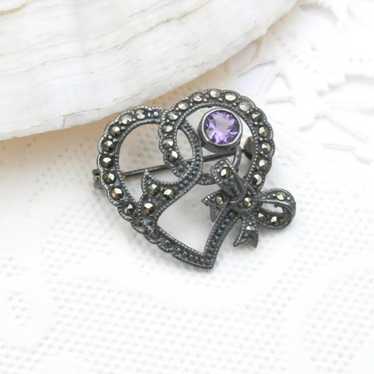 Vintage sterling silver marcasite amethyst heart … - image 1