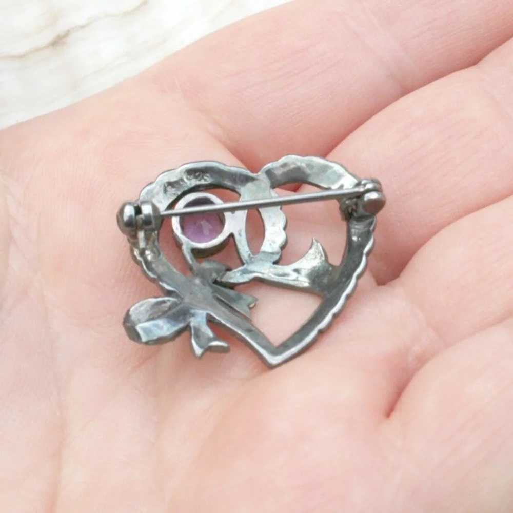 Vintage sterling silver marcasite amethyst heart … - image 2