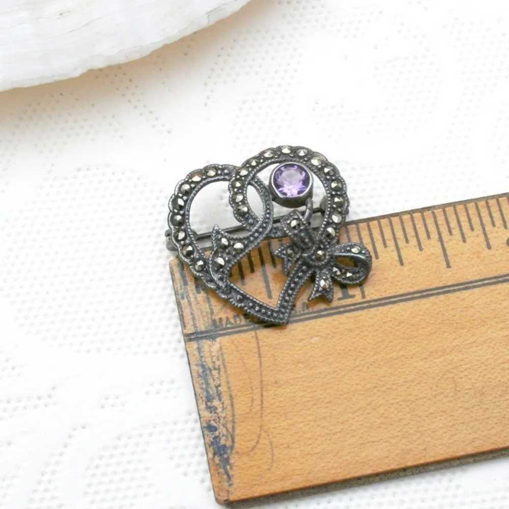 Vintage sterling silver marcasite amethyst heart … - image 3