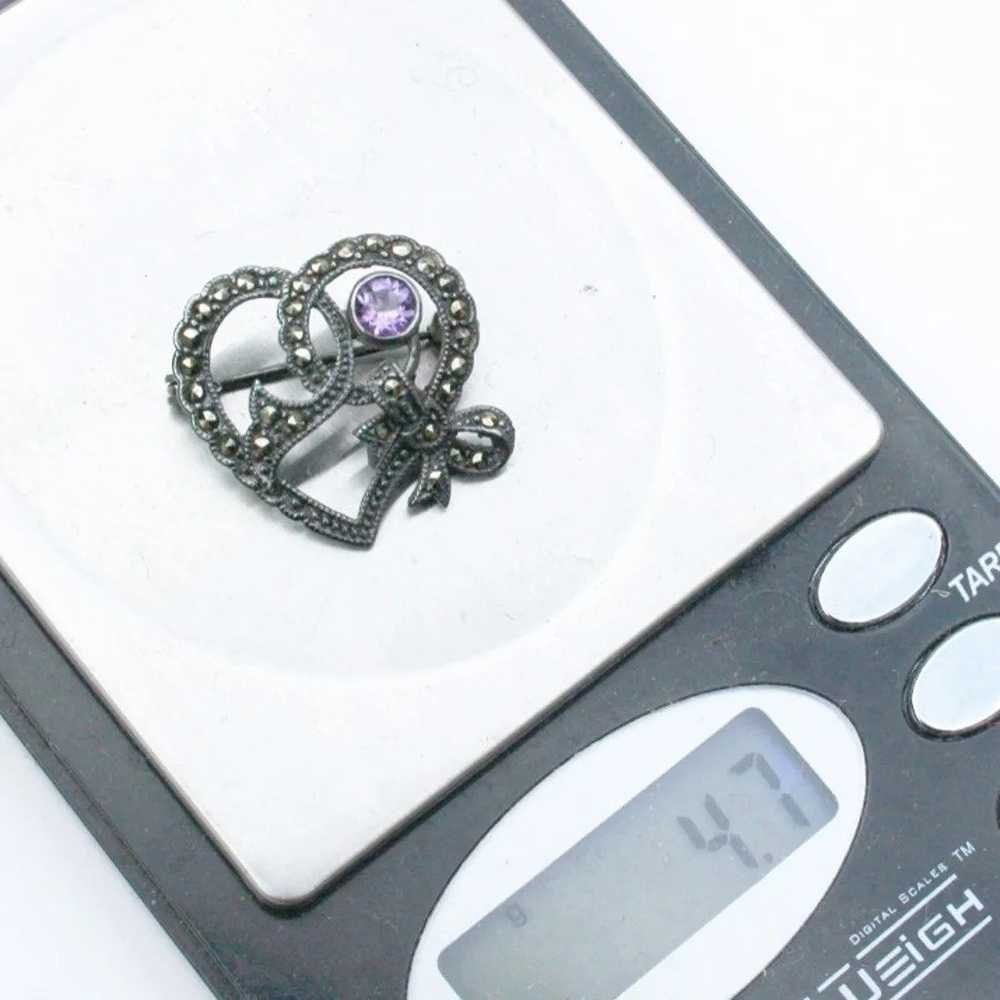 Vintage sterling silver marcasite amethyst heart … - image 4