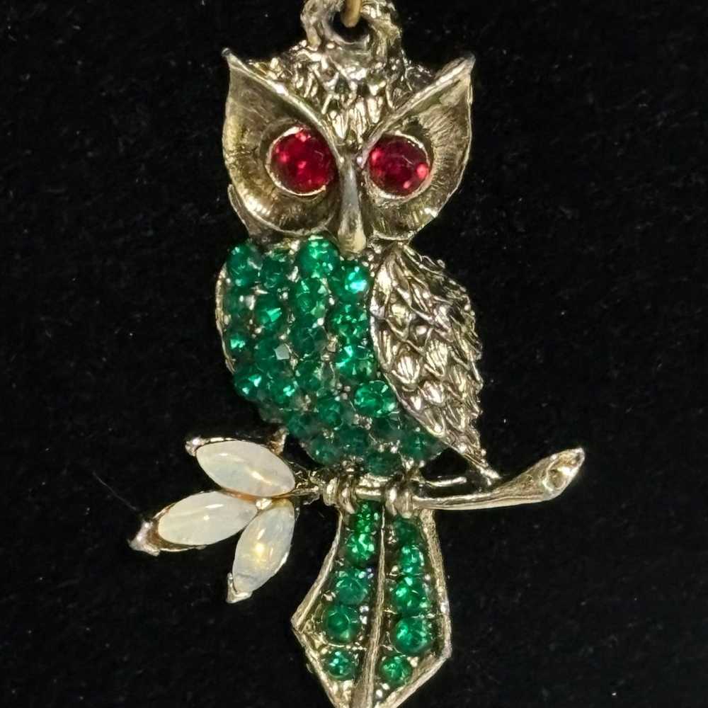 Vintage Silver Necklace with Jeweled Owl Pendant - image 1