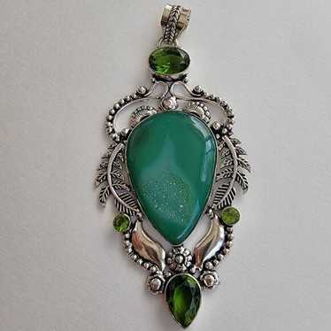 Green Onyx Simulated Sterling Silver Pendant Neck… - image 1