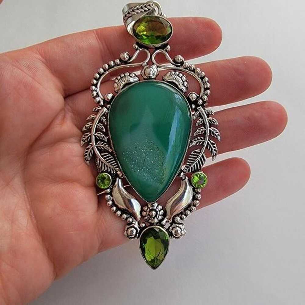 Green Onyx Simulated Sterling Silver Pendant Neck… - image 7