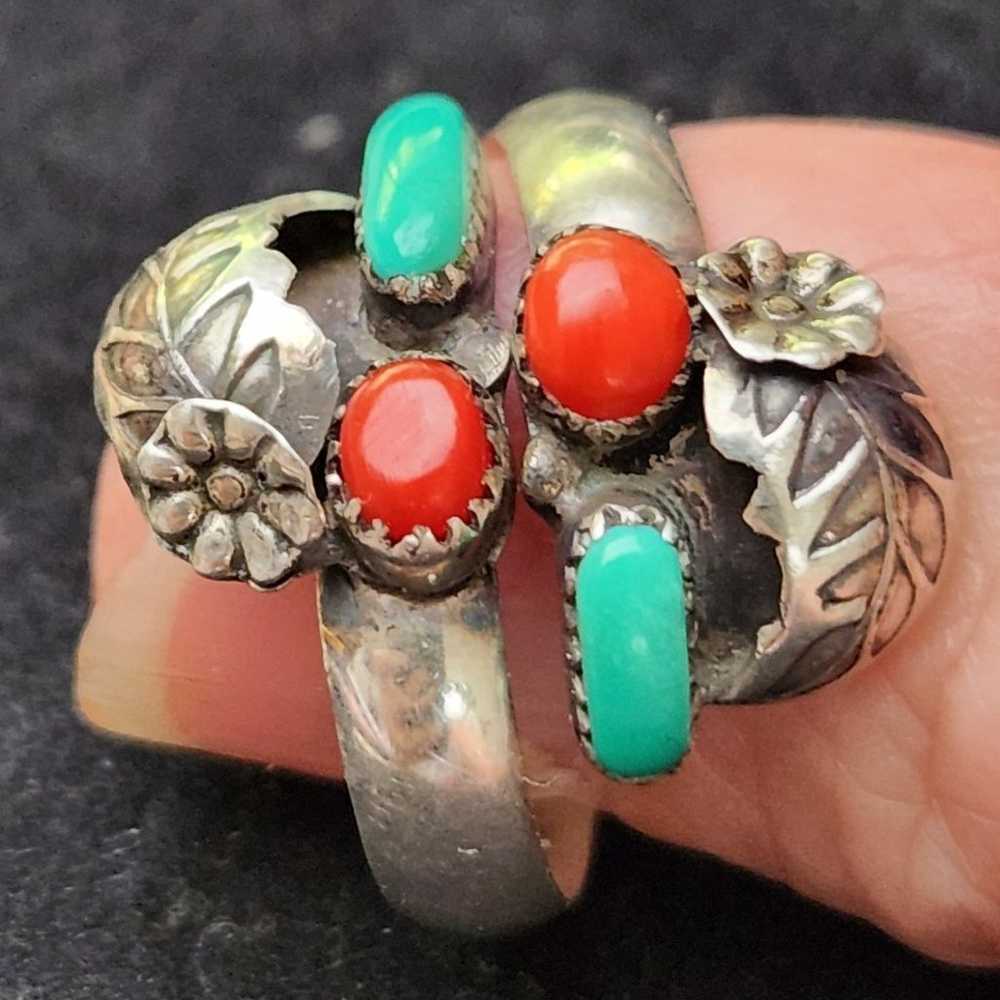 P.D. Coonis Sterling Turquoise and Coral Ring - image 2