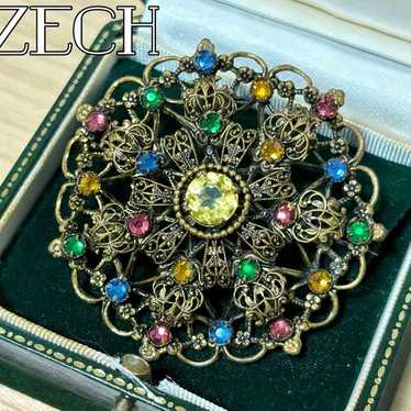 Czechoslovakia vintage glass gold filigree brooch - image 1