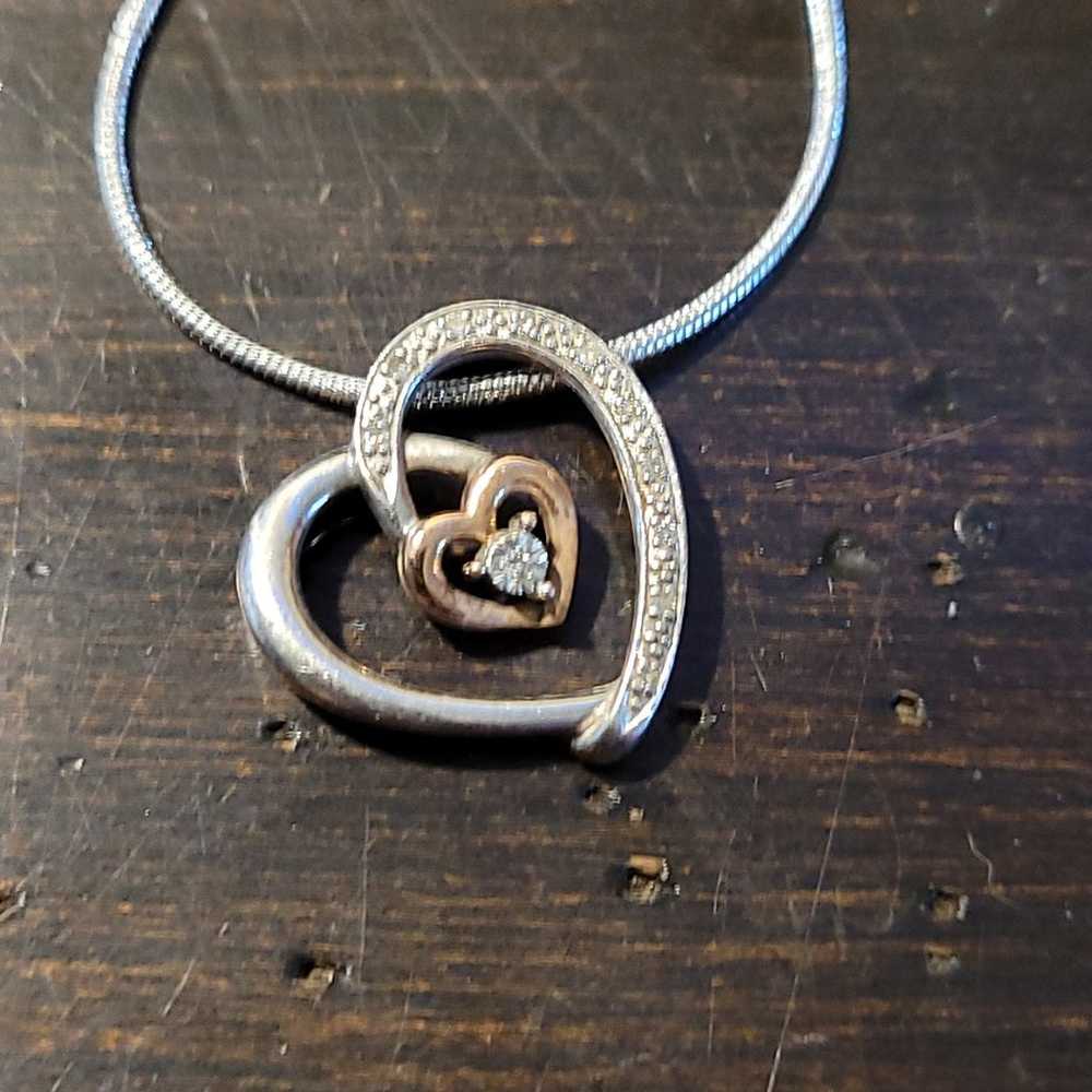 10K Gold Sterling Silver Diamond Heart Pendant - image 2