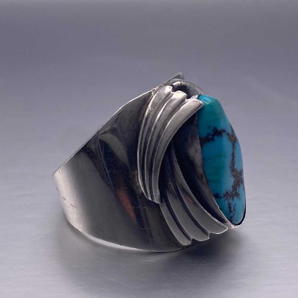 Vintage Sterling Silver Mens Turquoise Ring - image 2