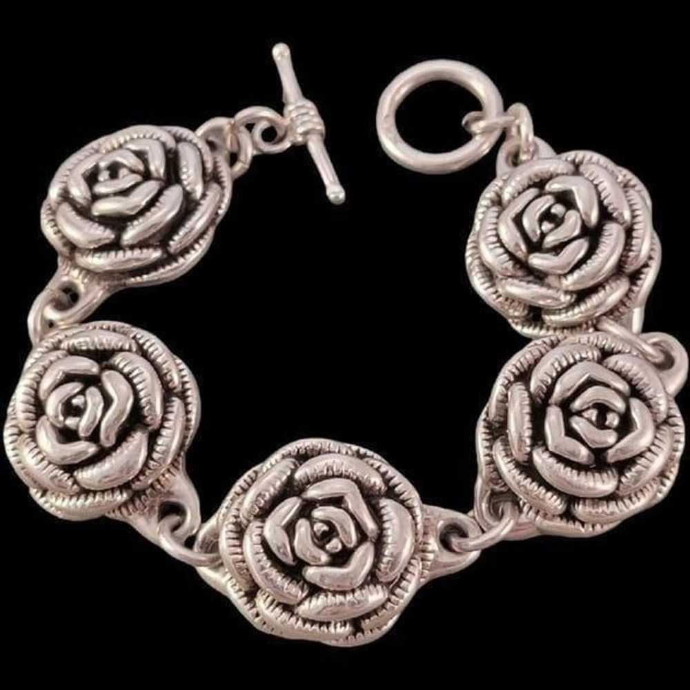 Vintage Sterling 3D Rose Flower Design Link Brace… - image 1