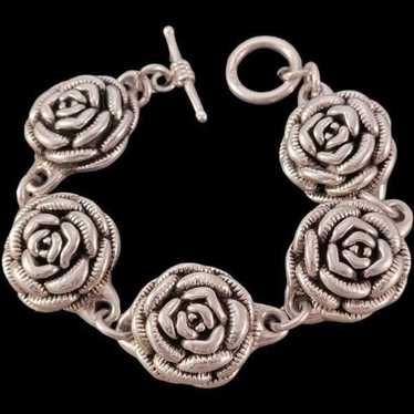 Vintage Sterling 3D Rose Flower Design Link Brace… - image 1