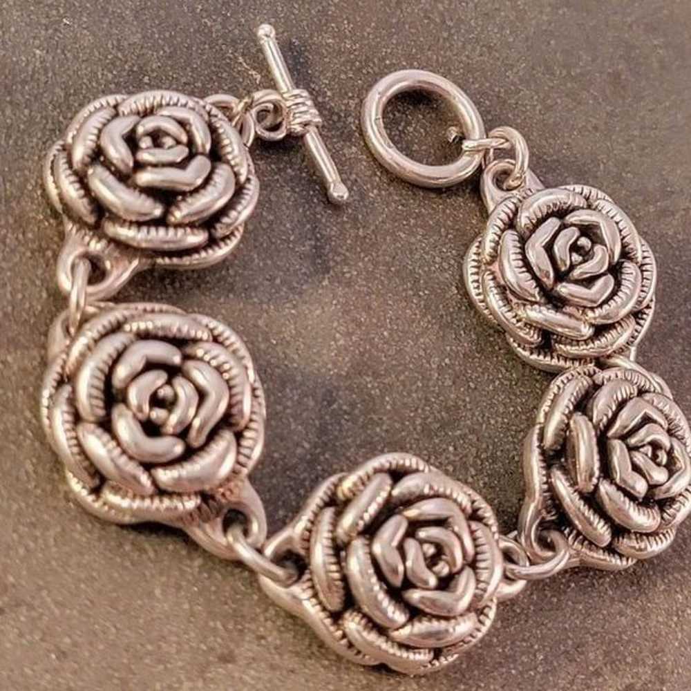 Vintage Sterling 3D Rose Flower Design Link Brace… - image 3