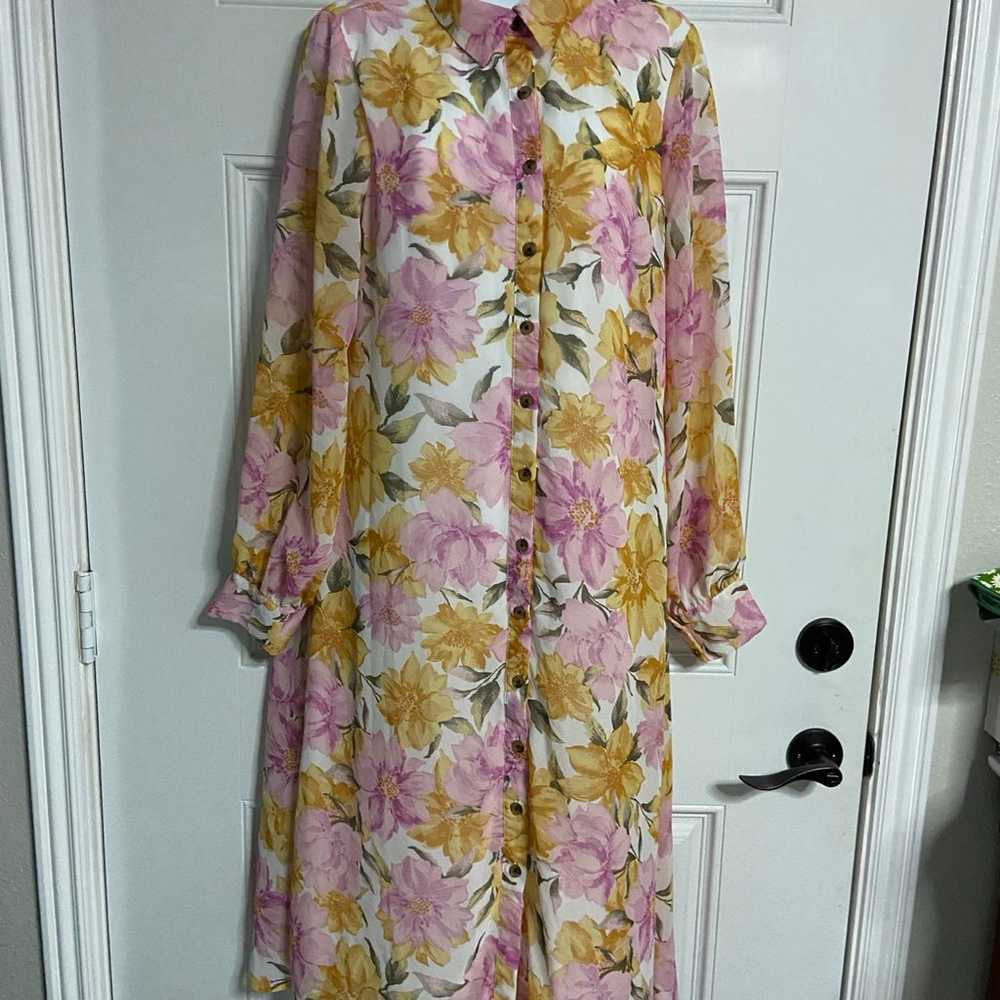 D6- INDIGO ROSE Pink Floral Maxi Shirt Dress - image 1