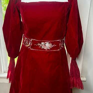 Embroidered Lantern Sleeve Little Red Dress - image 1