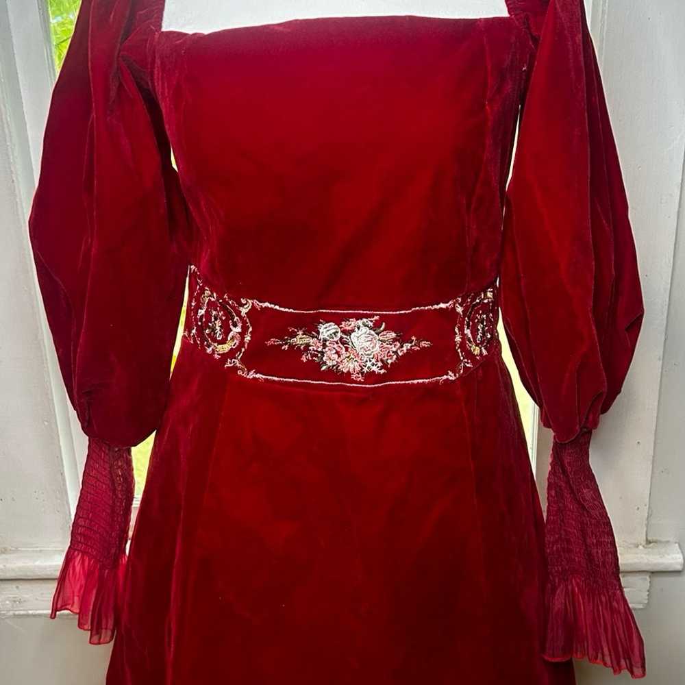 Embroidered Lantern Sleeve Little Red Dress - image 2