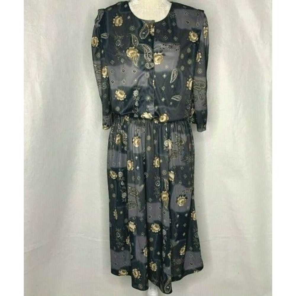 Vtg Midi Dress 14 Gray Floral Paisley - image 2