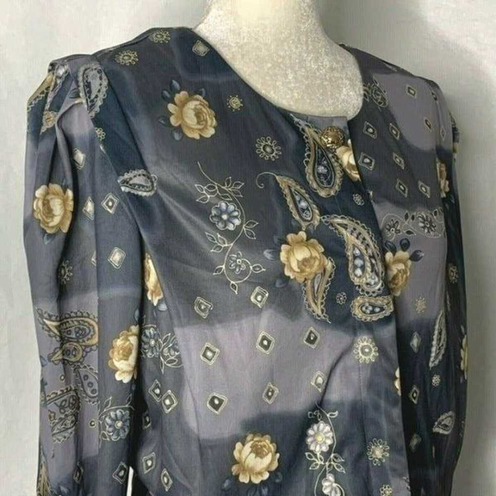 Vtg Midi Dress 14 Gray Floral Paisley - image 4