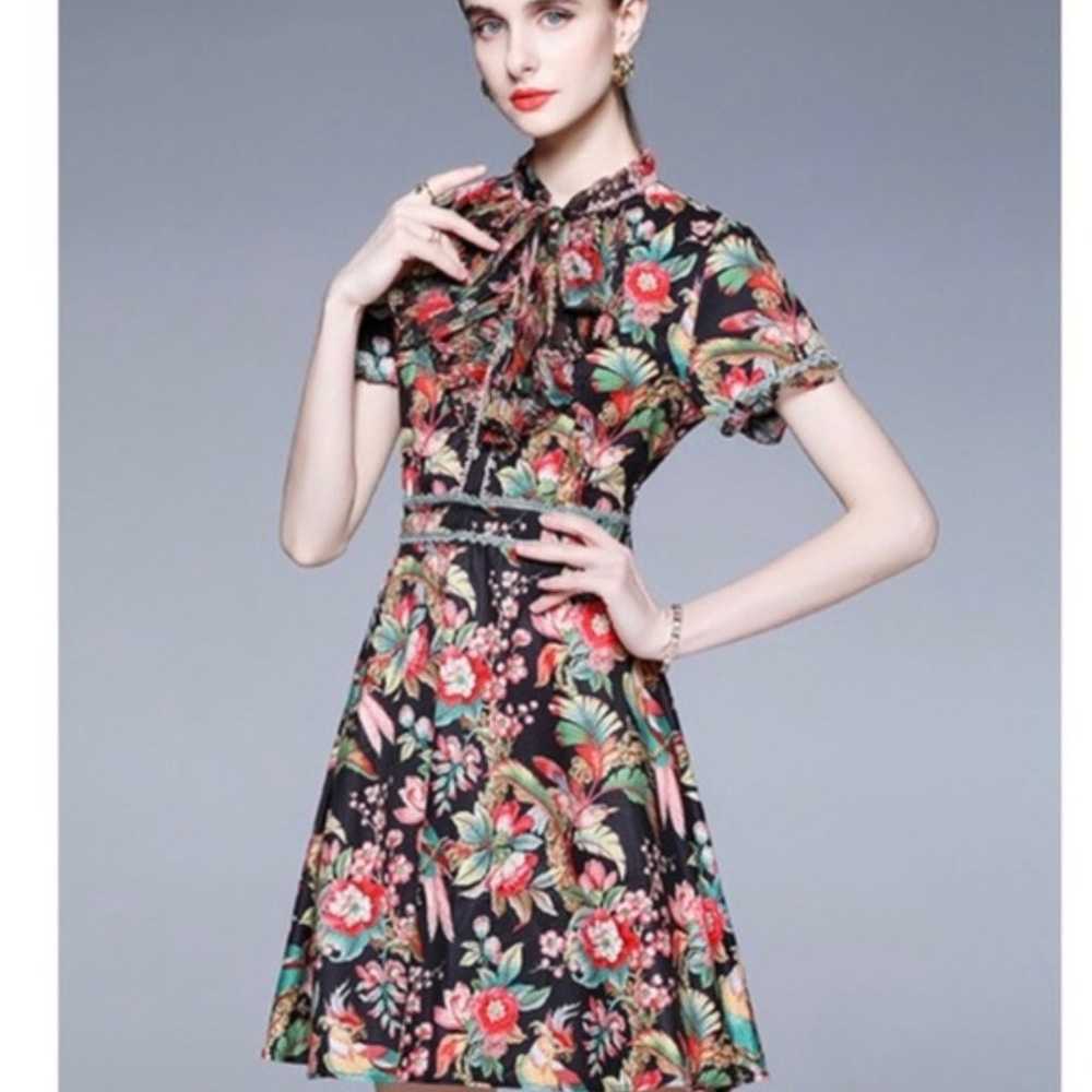 dalia macphee black floral retro dress - image 1