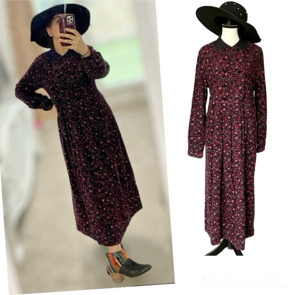 VTG Laura Ashley Corduroy Ditsy Floral Midi Dress… - image 1