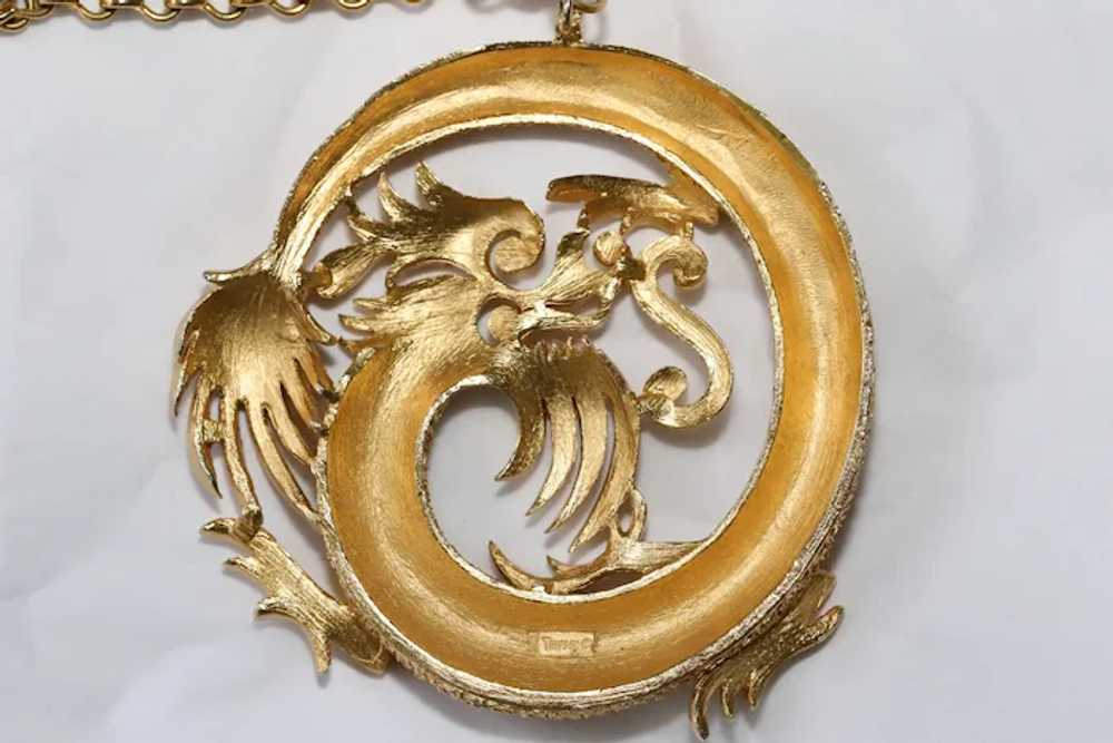 "Trifari" gold tone metal circular Dragon pendant… - image 3