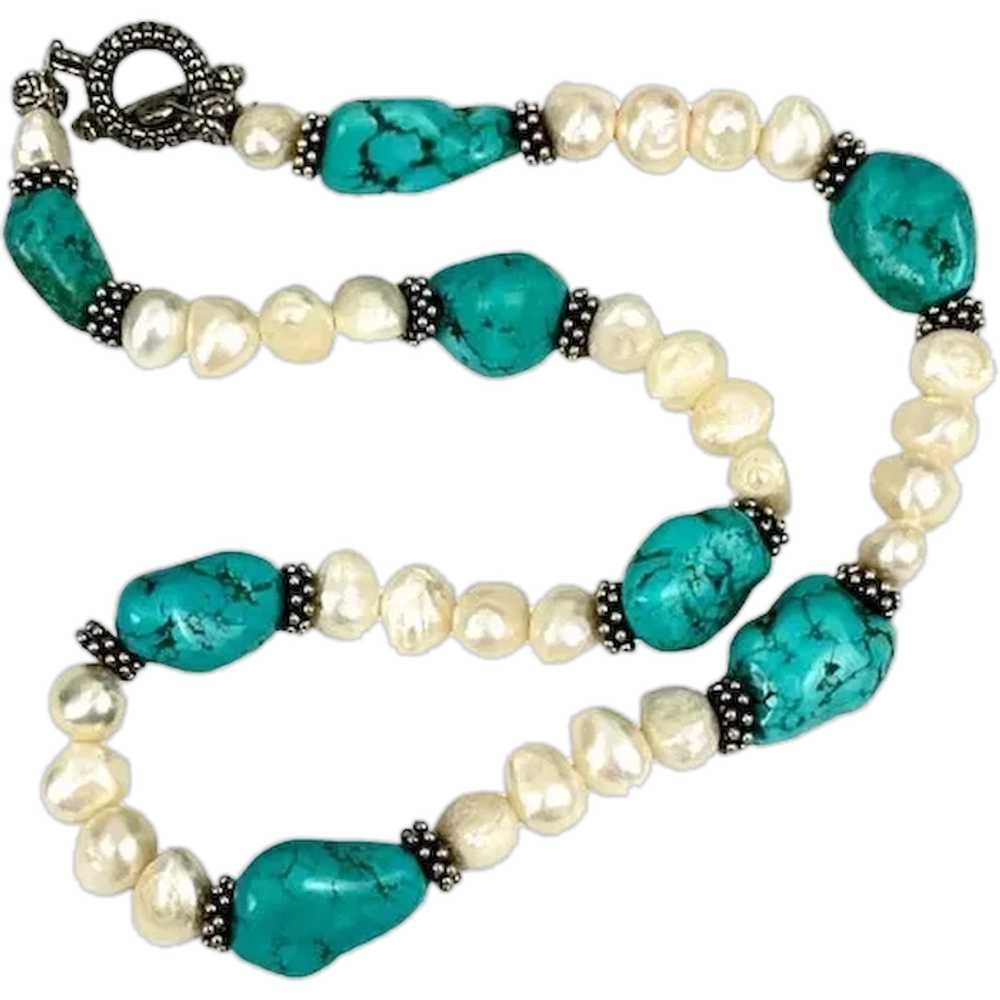 Turquoise & Freshwater Pearl Beaded Necklace With… - image 1