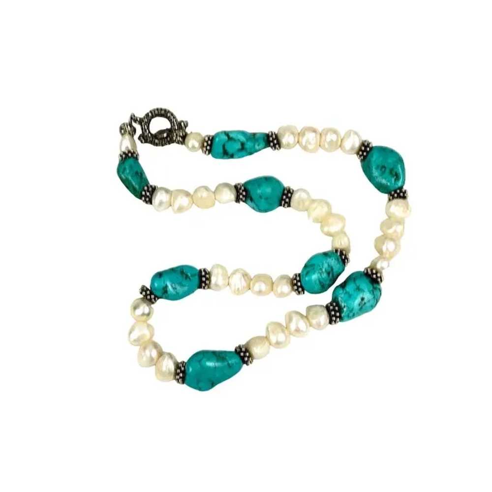 Turquoise & Freshwater Pearl Beaded Necklace With… - image 2