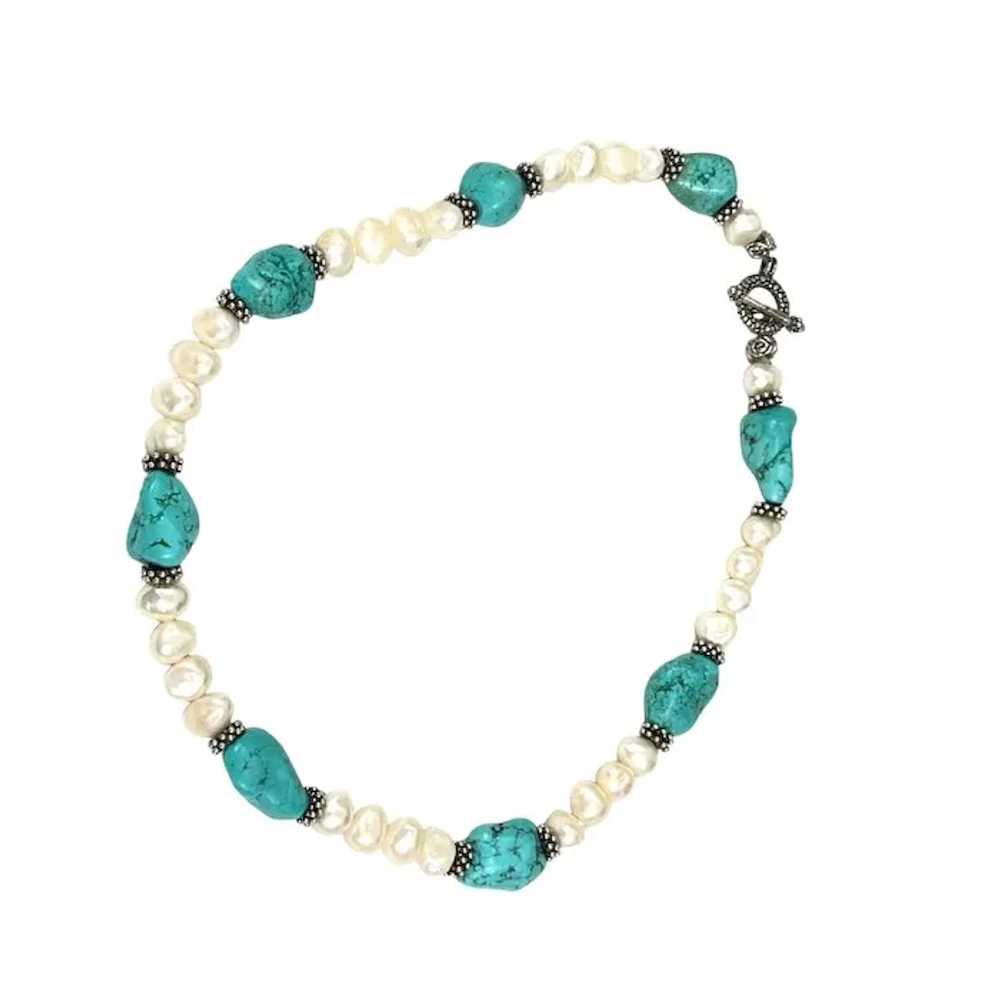 Turquoise & Freshwater Pearl Beaded Necklace With… - image 3