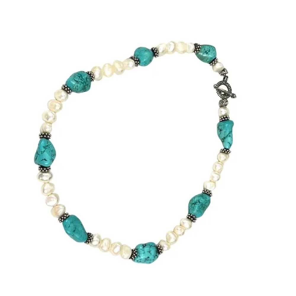 Turquoise & Freshwater Pearl Beaded Necklace With… - image 4