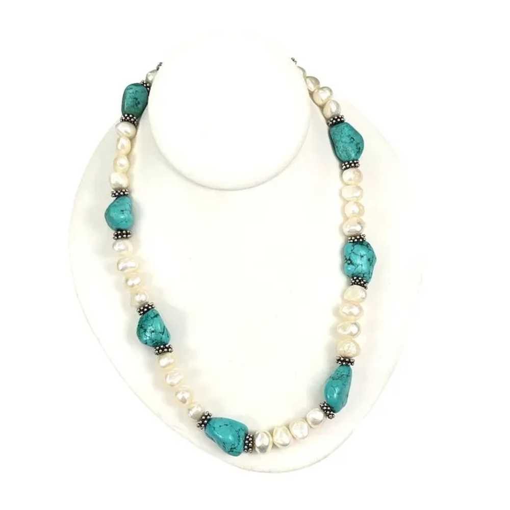 Turquoise & Freshwater Pearl Beaded Necklace With… - image 5