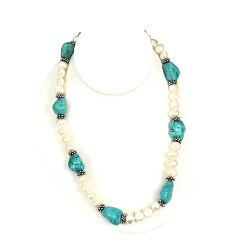 Turquoise & Freshwater Pearl Beaded Necklace With… - image 6