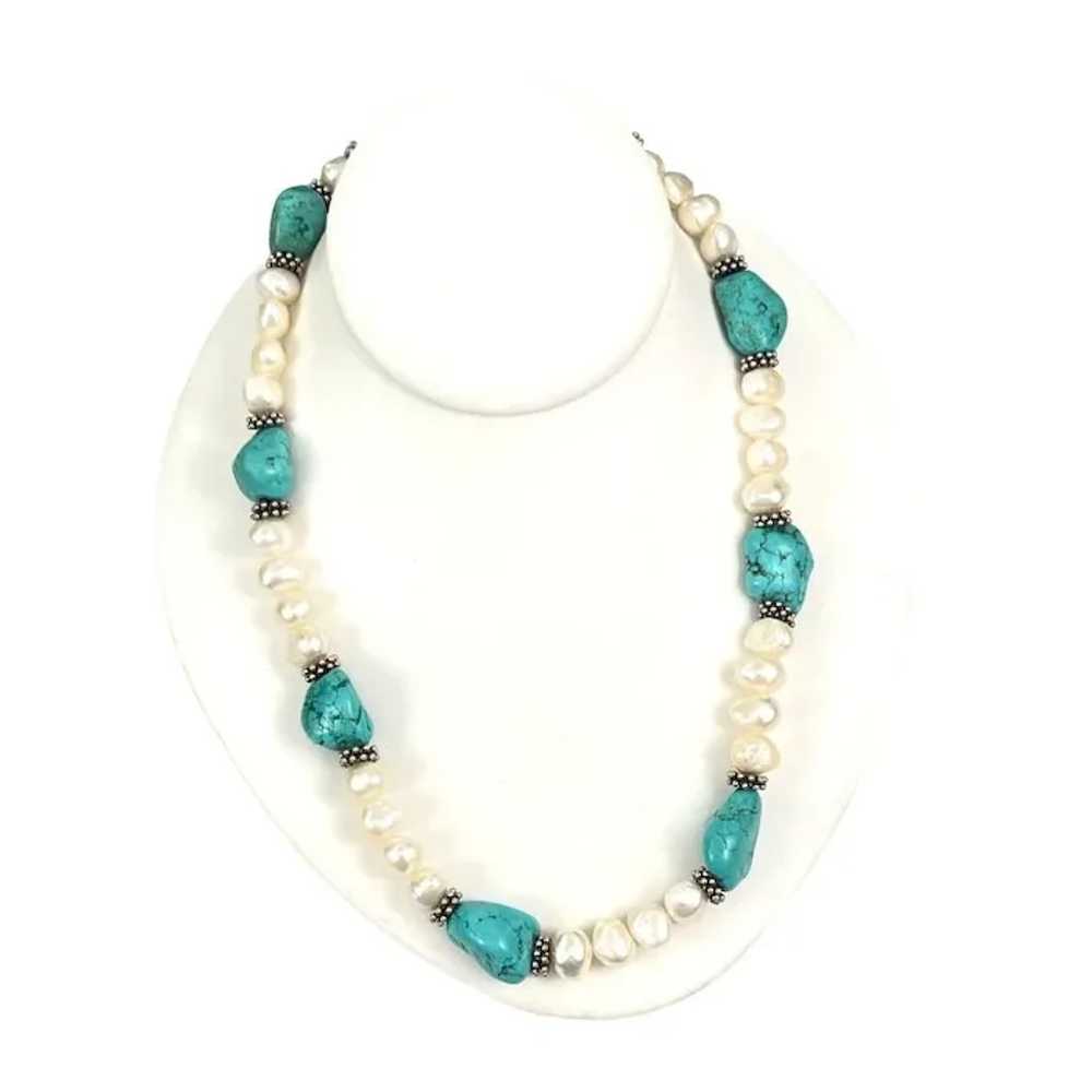 Turquoise & Freshwater Pearl Beaded Necklace With… - image 7