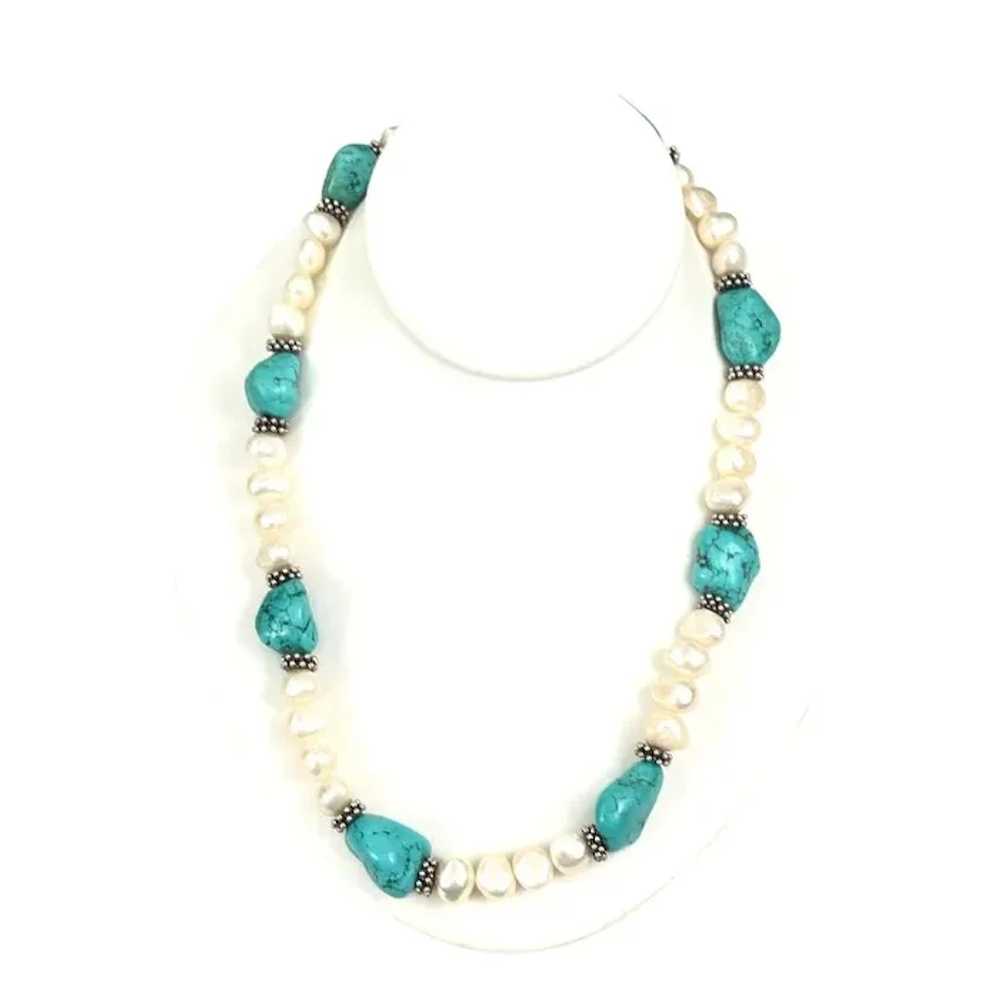 Turquoise & Freshwater Pearl Beaded Necklace With… - image 8