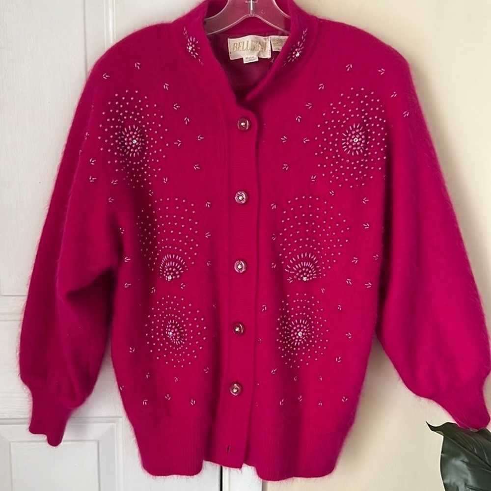 Belldini Vintage Hot Pink Beaded Angora Cardigan - image 1