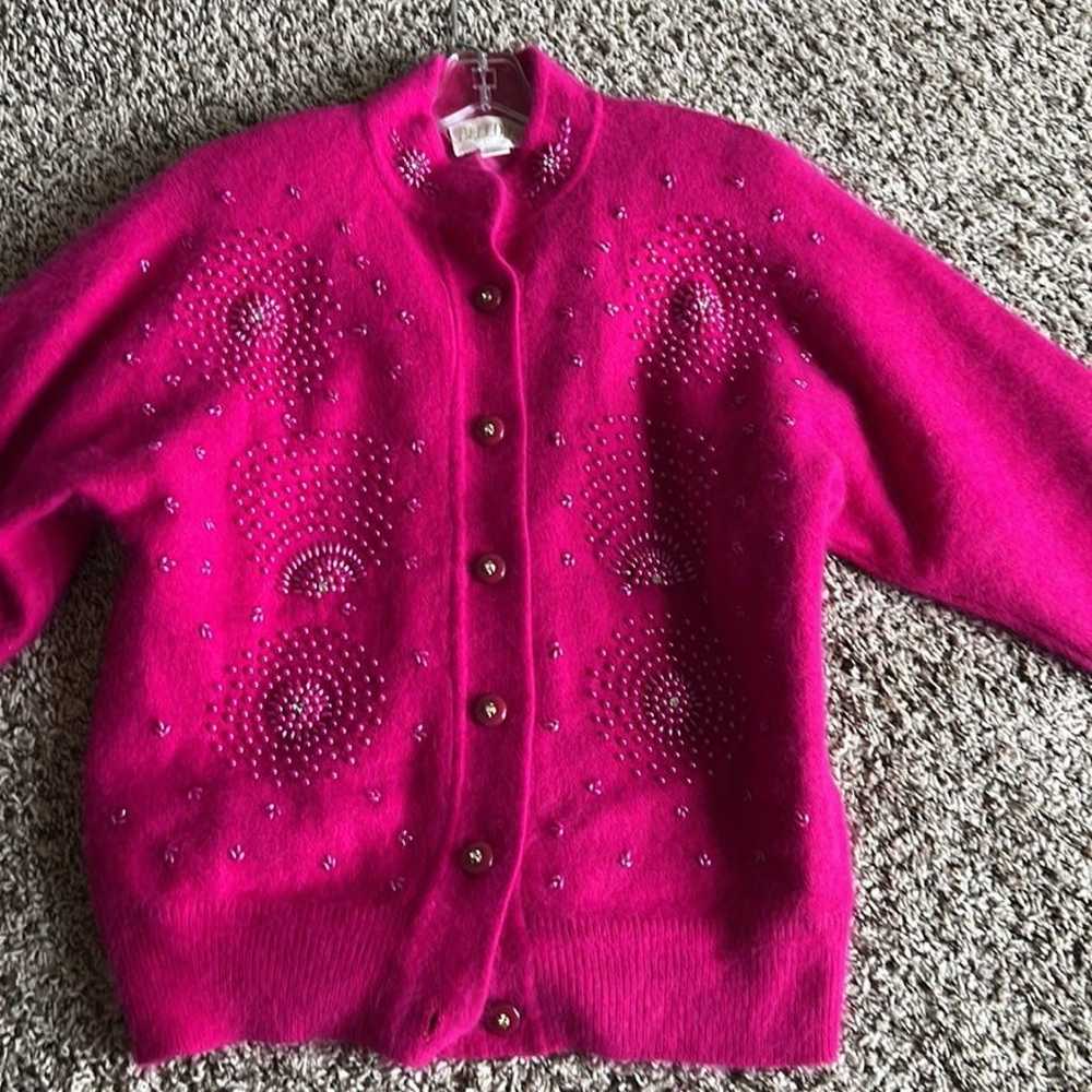 Belldini Vintage Hot Pink Beaded Angora Cardigan - image 4