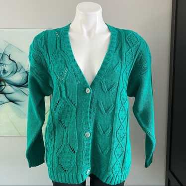 Vintage Knit Knit Green Cardigan Sweater M - image 1