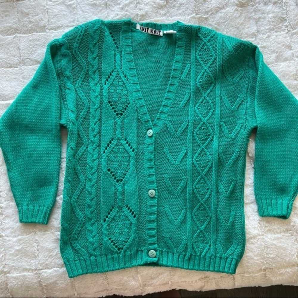 Vintage Knit Knit Green Cardigan Sweater M - image 4