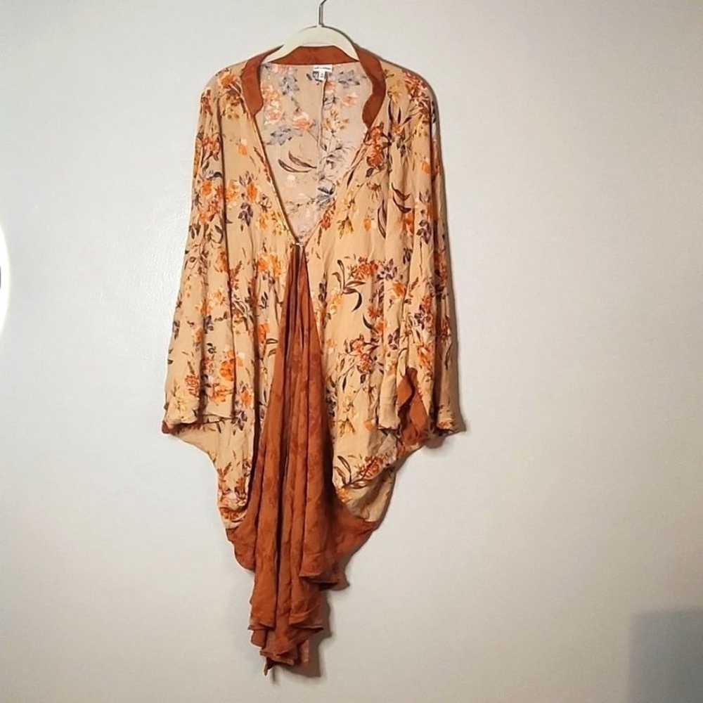 Burnt Orange Brown Cream Open Front Cardigan Flor… - image 1