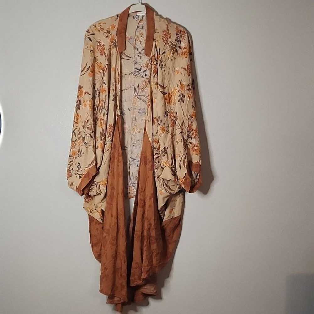 Burnt Orange Brown Cream Open Front Cardigan Flor… - image 2