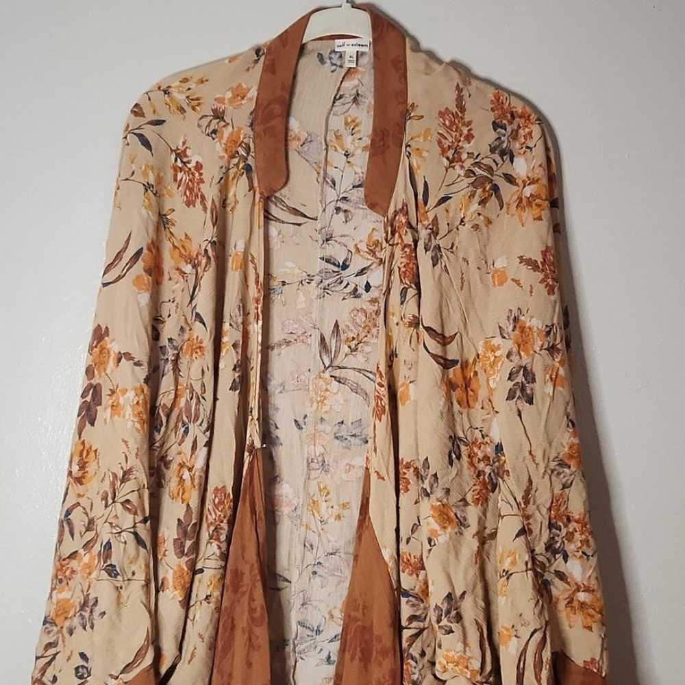 Burnt Orange Brown Cream Open Front Cardigan Flor… - image 3