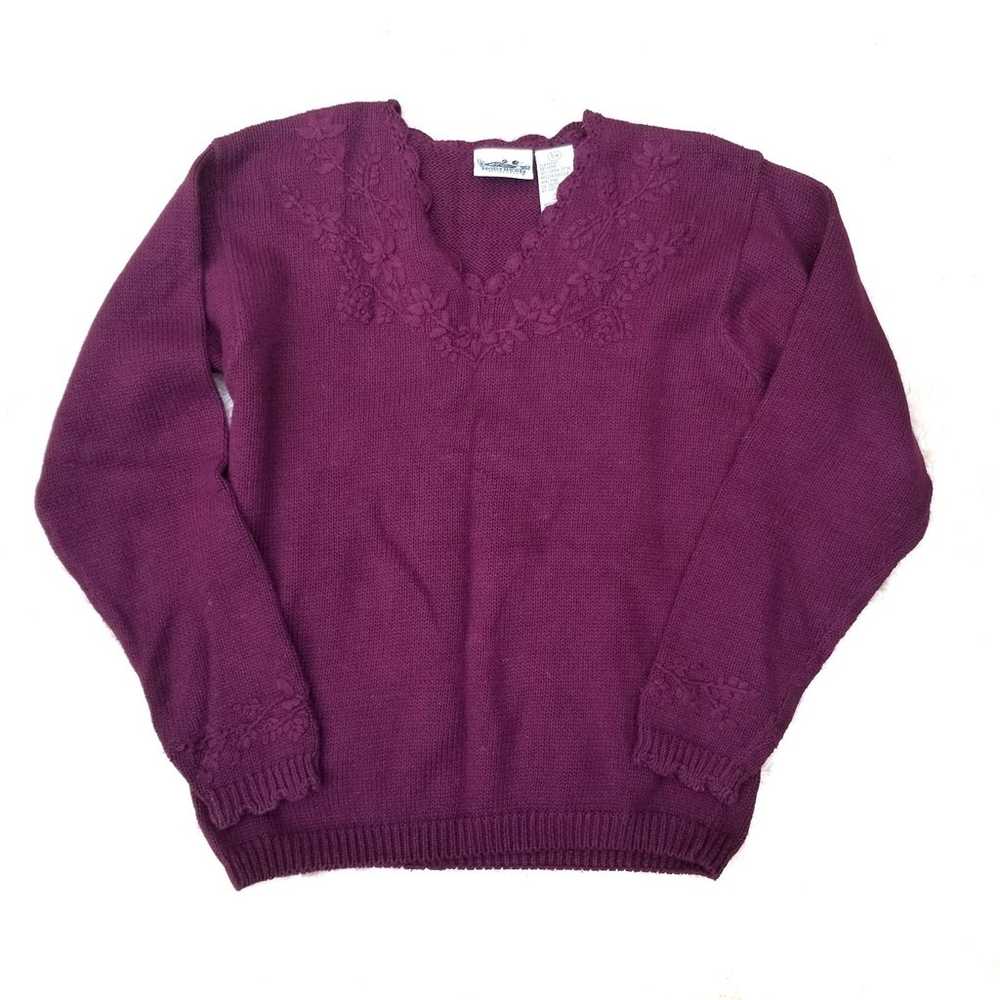 90s sweater burgundy floral embroidery S - image 1