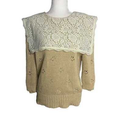 Vintage 80s Sweater S Beige Lace Bib Collar Grand… - image 1