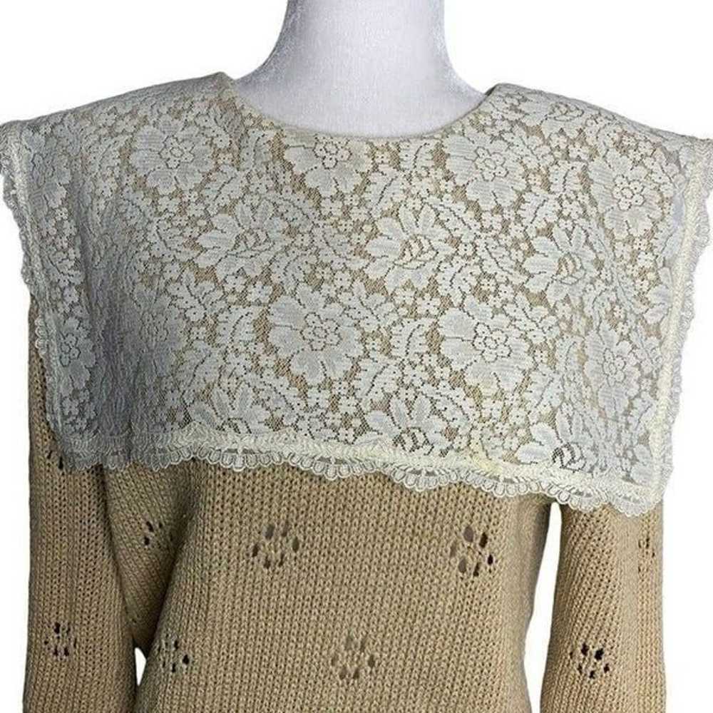 Vintage 80s Sweater S Beige Lace Bib Collar Grand… - image 2