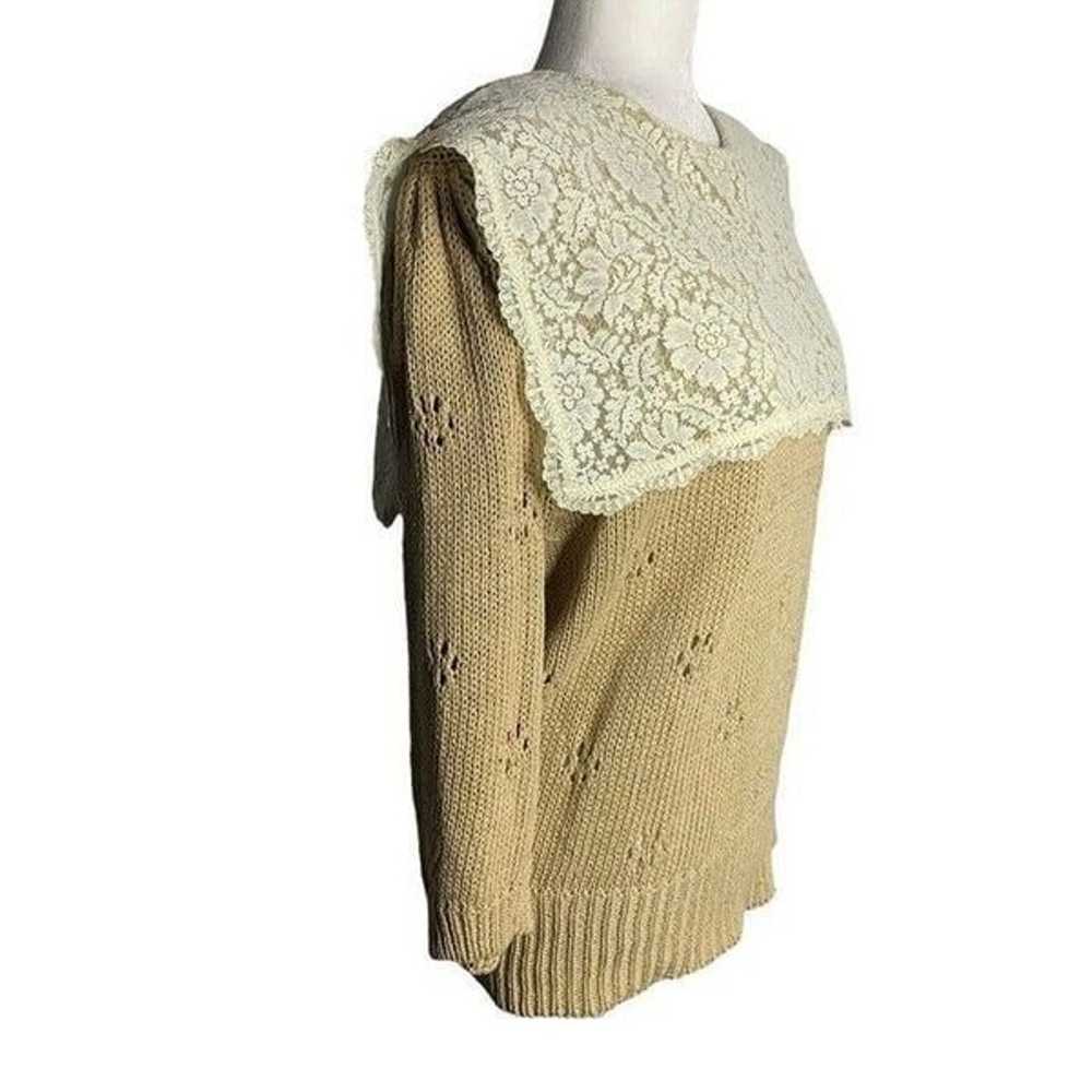 Vintage 80s Sweater S Beige Lace Bib Collar Grand… - image 4