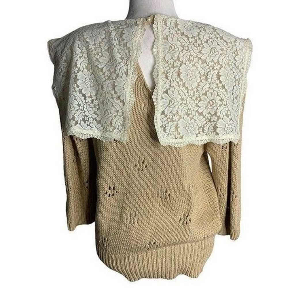 Vintage 80s Sweater S Beige Lace Bib Collar Grand… - image 5