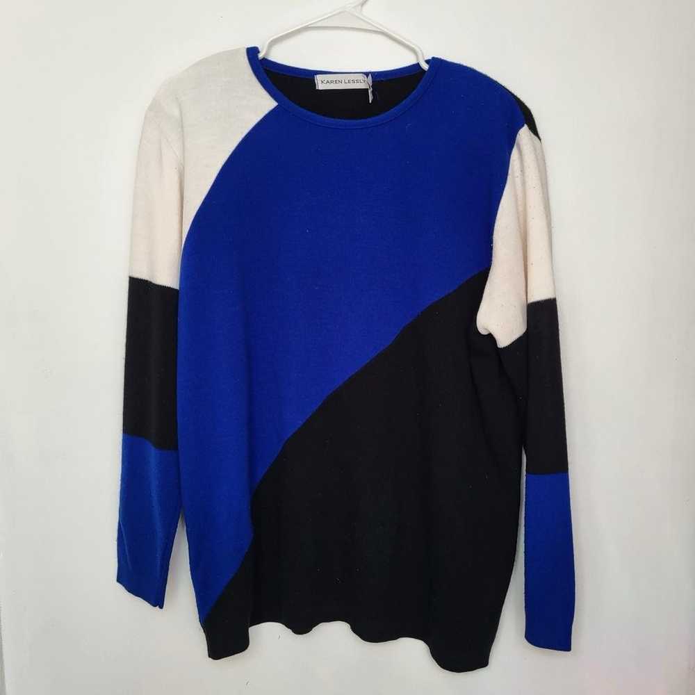 KAREN LESSLY blue/white/black color block sweater… - image 2