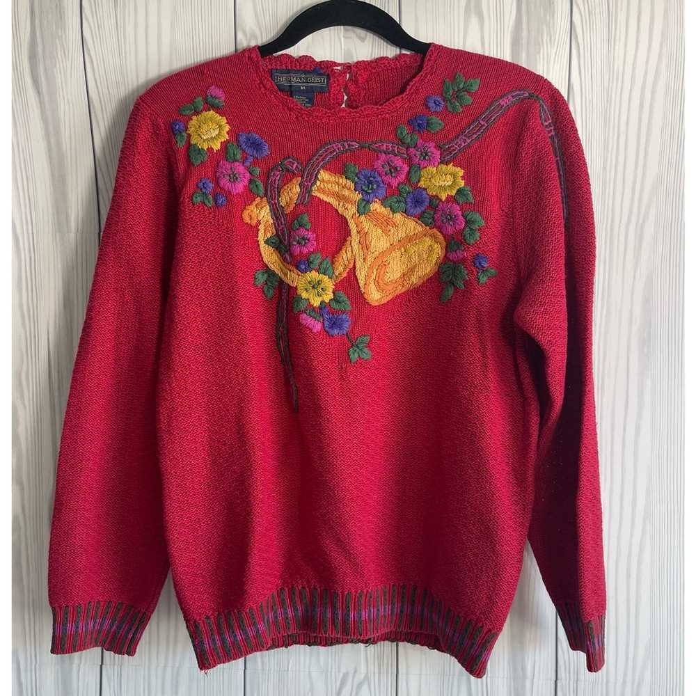 Vintage Herman Geist Sweater Holiday Print ribbon… - image 1