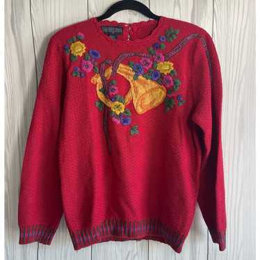 Vintage Herman Geist Sweater Holiday Print ribbon… - image 1