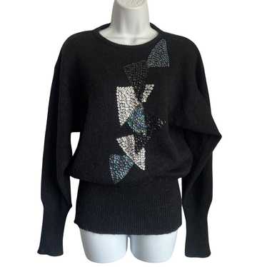 Vintage 80s Black Sequin Blue Silver Triangles Do… - image 1