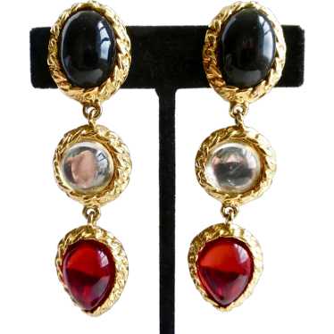 Tri Color Cabochons Tri Shaped Drop Earrings, Clip